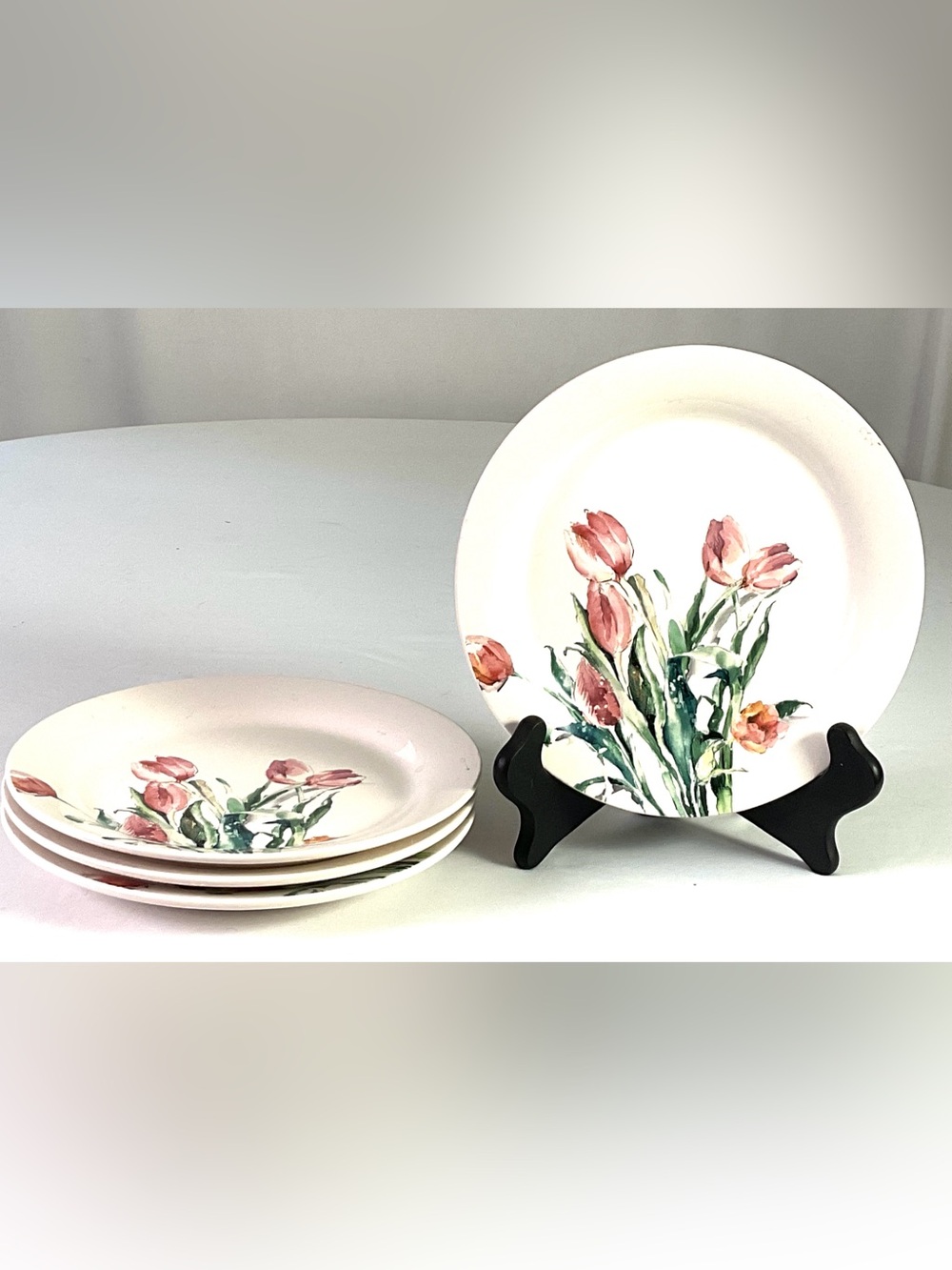 Pier 1 Pink Tulip Floral Dinner Plates - Set of 4